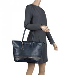 Pre Owned DKNY Navy Blue Lizard Embossed Leather Studded Zip Tote with Wallet