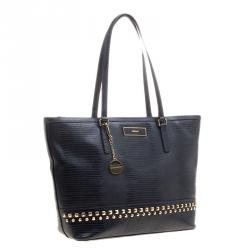 Pre Owned DKNY Navy Blue Lizard Embossed Leather Studded Zip Tote with Wallet