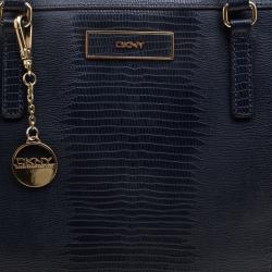 Pre Owned DKNY Navy Blue Lizard Embossed Leather Studded Zip Tote with Wallet