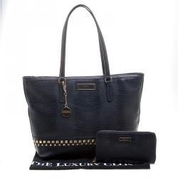 Pre Owned DKNY Navy Blue Lizard Embossed Leather Studded Zip Tote with Wallet