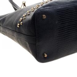 Pre Owned DKNY Navy Blue Lizard Embossed Leather Studded Zip Tote with Wallet