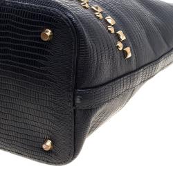 Pre Owned DKNY Navy Blue Lizard Embossed Leather Studded Zip Tote with Wallet