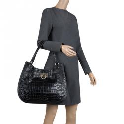 Pre Owned DKNY Black Croc Embossed Leather Hobo