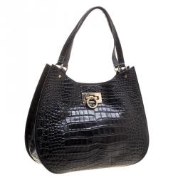 Pre Owned DKNY Black Croc Embossed Leather Hobo