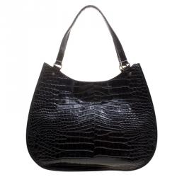 Pre Owned DKNY Black Croc Embossed Leather Hobo