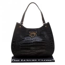 Pre Owned DKNY Black Croc Embossed Leather Hobo