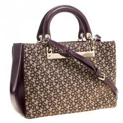 Pre Owned DKNY Beige/Burgundy Signature Canvas Tote