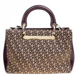 Pre Owned DKNY Beige/Burgundy Signature Canvas Tote