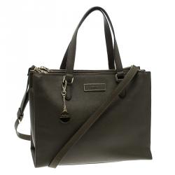 Pre Owned DKNY Khaki Leather Double Zip Convertible Tote