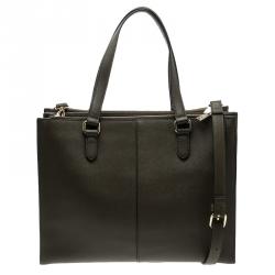 Pre Owned DKNY Khaki Leather Double Zip Convertible Tote