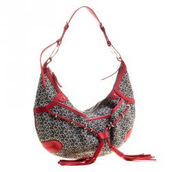 Pre Owned Dkny Red/Grey Monogram Canvas Tassel Hobo