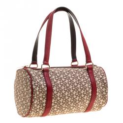 Pre Owned DKNY Beige/Red Canvas and Leather Satchel