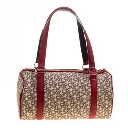 Pre Owned DKNY Beige/Red Canvas and Leather Satchel