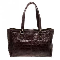 Pre Owned DKNY Dark Red Crocodile Embossed Leather Tote
