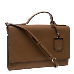 Pre Owned DKNY Light Brown Saffiano Leather Top Handle Flap Shoulder Bag