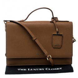 Pre Owned DKNY Light Brown Saffiano Leather Top Handle Flap Shoulder Bag