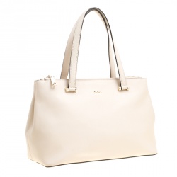 Pre Owned DKNY Light Beige Leather Medium Bryant Park Double Zip Shopper Top Handle Bag