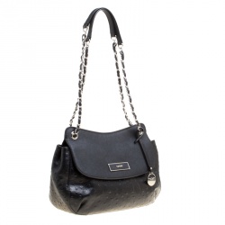 Pre Owned DKNY Black Ostrich Embossed Leather Shoulder Bag