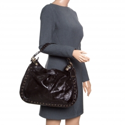 Pre Owned Dkny Dark Brown Leather Eyelet Detail Hobo