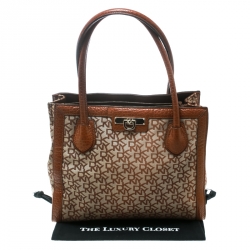 Pre Owned DKNY Beige/Brown Signature Canvas and Leather Tote