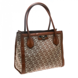 Pre Owned DKNY Beige/Brown Signature Canvas and Leather Tote