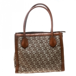 Pre Owned DKNY Beige/Brown Signature Canvas and Leather Tote