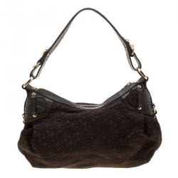 Pre Owned DKNY Brown Signature Fabric and Croc Embossed Leather Hobo