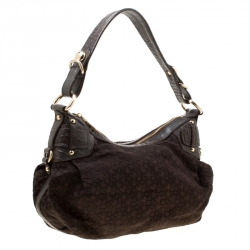 Pre Owned DKNY Brown Signature Fabric and Croc Embossed Leather Hobo