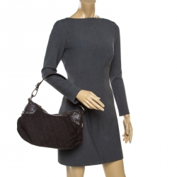 Pre Owned DKNY Brown Signature Fabric and Croc Embossed Leather Hobo