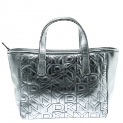 Pre Owned DKNY Silver Signature Leather Zip Tote