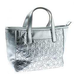 Pre Owned DKNY Silver Signature Leather Zip Tote