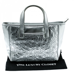 Pre Owned DKNY Silver Signature Leather Zip Tote