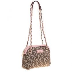 Pre Owned DKNY Beige/Pink Signature Canvas Crossbody Bag