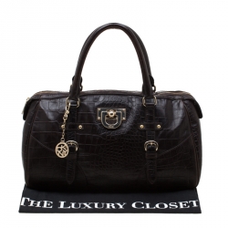 Pre Owned DKNY Dark Brown Crocodile Embossed Leather Bowler Bag
