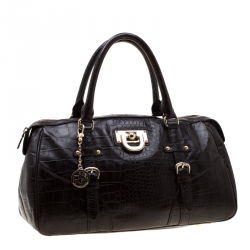 Pre Owned DKNY Dark Brown Crocodile Embossed Leather Bowler Bag