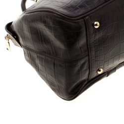 Pre Owned DKNY Dark Brown Crocodile Embossed Leather Bowler Bag