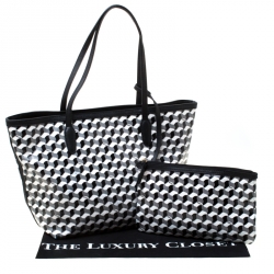 Pre Owned DKNY Black/White Coated Canvas and Leather Geometric Printed Tote