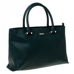 Pre Owned DKNY Dark Green Leather Dona Karan Zip Tote