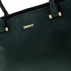Pre Owned DKNY Dark Green Leather Dona Karan Zip Tote