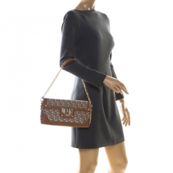 Pre Owned Dkny Brown/Beige Monogram Canvas Flap Chain Shoulder Bag