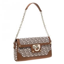 Pre Owned Dkny Brown/Beige Monogram Canvas Flap Chain Shoulder Bag