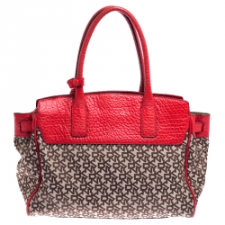 Pre Owned DKNY Beige/Red Signature Canvas and Leather Satchel