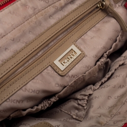 Pre Owned DKNY Beige/Red Signature Canvas and Leather Satchel