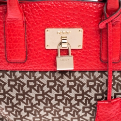 Pre Owned DKNY Beige/Red Signature Canvas and Leather Satchel