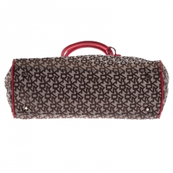 Pre Owned DKNY Beige/Red Signature Canvas and Leather Satchel