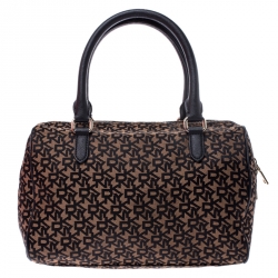 Pre Owned DKNY Brown/Black Monogram Canvas and Leather Boston Bag