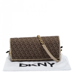 Pre Owned DKNY Brown/Gold Signature Canvas and Leather Flap Chain Clutch