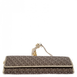Pre Owned DKNY Brown/Gold Signature Canvas and Leather Flap Chain Clutch