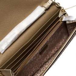 Pre Owned DKNY Brown/Gold Signature Canvas and Leather Flap Chain Clutch
