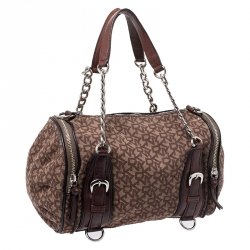 Pre Owned DKNY Brown Signature Canvas and Leather Double Side Pocket Satchel